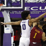 
              TCU guard Micah Peavy (0) defends as Louisiana-Monroe guard Savion Gallion (1) tries to shoot during the first half of an NCAA college basketball game Thursday, Nov. 17, 2022, in Fort Worth, Texas. (AP Photo/Ron Jenkins)
            