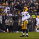 
              Green Bay Packers quarterback Aaron Rodgers reacts during the second half of an NFL football game against the Philadelphia Eagles, Sunday, Nov. 27, 2022, in Philadelphia. (AP Photo/Matt Slocum)
            