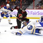 
              Buffalo Sabres goaltender Craig Anderson (41) sprawls on the ice as Ottawa Senators center Derick Brassard (61) watches the puck rebound behind him, during the second period of an NHL hockey game, Wednesday, Nov. 16, 2022 in Ottawa, Ontario. (Justin Tang/The Canadian Press via PA)
            