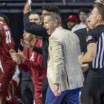 
              Alabama head coach Nate Oats yells to his players during the first half of an NCAA college basketball game against South Alabama, Tuesday, Nov. 15, 2022, in Mobile, Ala. (AP Photo/Vasha Hunt)
            