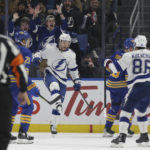 
              Tampa Bay Lightning left wing Brandon Hagel celebrates his goal during the third period of an NHL hockey game. against the Buffalo Sabres on Monday, Nov. 28, 2022, in Buffalo, N.Y. (AP Photo/Joshua Bessex)
            