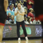 
              Arizona head coach Tommy Lloyd barks orders at his team as they take on San Diego State during the first half of an NCAA college basketball game, Tuesday, Nov. 22, 2022, in Lahaina, Hawaii. (AP Photo/Marco Garcia)
            