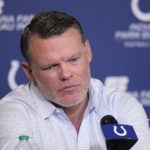 
              Indianapolis Colts general manager Chris Ballard listens during a news conference at the NFL football team's practice facility  Monday, Nov. 7, 2022, in Indianapolis. (AP Photo/Darron Cummings)
            