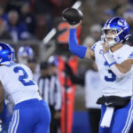 
              BYU quarterback Jaren Hall (3) throws a pass against Stanford during the first half of an NCAA college football game in Stanford, Calif., Saturday, Nov. 26, 2022. (AP Photo/Godofredo A. Vásquez)
            