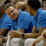 
              Kansas head coach Bill Self talks to coaches on the bench during the second half of an exhibition NCAA college basketball game against Pittsburg State Thursday, Nov. 3, 2022, in Lawrence, Kan. (AP Photo/Charlie Riedel)
            