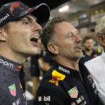
              Red Bull driver Max Verstappen of the Netherlands and team's principal Christian Horner celebrate Verstappen's third championship title after the Formula One Abu Dhabi Grand Prix, in Abu Dhabi, United Arab Emirates Sunday, Nov. 20, 2022. (AP Photo/Hussein Malla)
            