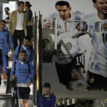
              Lionel Messi, second right, of Argentina's national soccer team arrives with teammates at Hamad International airport in Doha, Qatar, Thursday, Nov. 17, 2022 ahead of the upcoming World Cup. Argentina will play the first match in the World Cup against Saudi Arabia on Nov. 22. (AP Photo/Hassan Ammar)
            