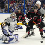 
              Tampa Bay Lightning goaltender Andrei Vasilevskiy (88) makes a save on a shot by Carolina Hurricanes center Paul Stastny (26) during the third period of an NHL hockey game Thursday, Nov. 3, 2022, in Tampa, Fla. (AP Photo/Chris O'Meara)
            