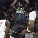 
              Minnesota Timberwolves guard Anthony Edwards (1) goes to the basket against the Houston Rockets during the first half of an NBA basketball game Saturday, Nov. 5, 2022, in Minneapolis. (AP Photo/Stacy Bengs)
            