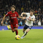 
              Liverpool's Mohamed Salah, left, challenges for the ball with Tottenham's Ben Davies during the English Premier League soccer match between Tottenham Hotspur and Liverpool at Tottenham Hotspur Stadium, in London, Sunday, Nov. 6, 2022. (AP Photo/David Cliff)
            