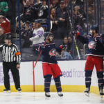 
              Columbus Blue Jackets' Boone Jenner, right, celebrates his goal against the Philadelphia Flyers with Johnny Gaudreau during the third period of an NHL hockey game Tuesday, Nov. 15, 2022, in Columbus, Ohio. (AP Photo/Jay LaPrete)
            