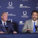 
              Indianapolis Colts interim coach Jeff Saturday speaks as owner Jim Irsay listens during a news conference at the NFL football team's practice facility Monday, Nov. 7, 2022, in Indianapolis. (AP Photo/Darron Cummings)
            