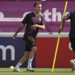 
              Germany's Mario Goetze warms up during a training session at the Al-Shamal stadium on the eve of the group E World Cup soccer match between Germany and Japan, in Al-Ruwais, Qatar, Tuesday, Nov. 22, 2022. Germany will play the first match against Japan on Wednesday, Nov. 23. (AP Photo/Matthias Schrader)
            