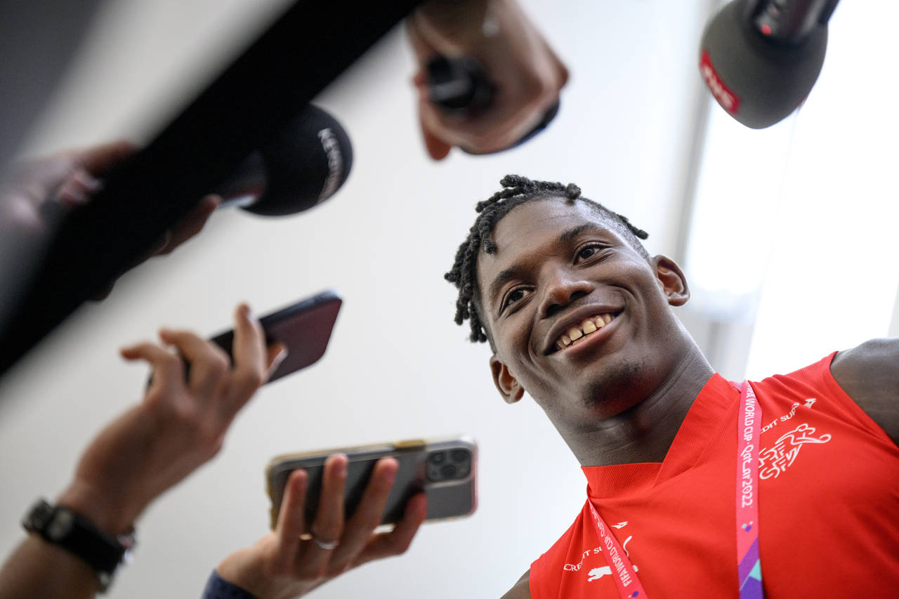 Switzerland's forward Breel Embolo speaks to journalists during after a closed training session of ...