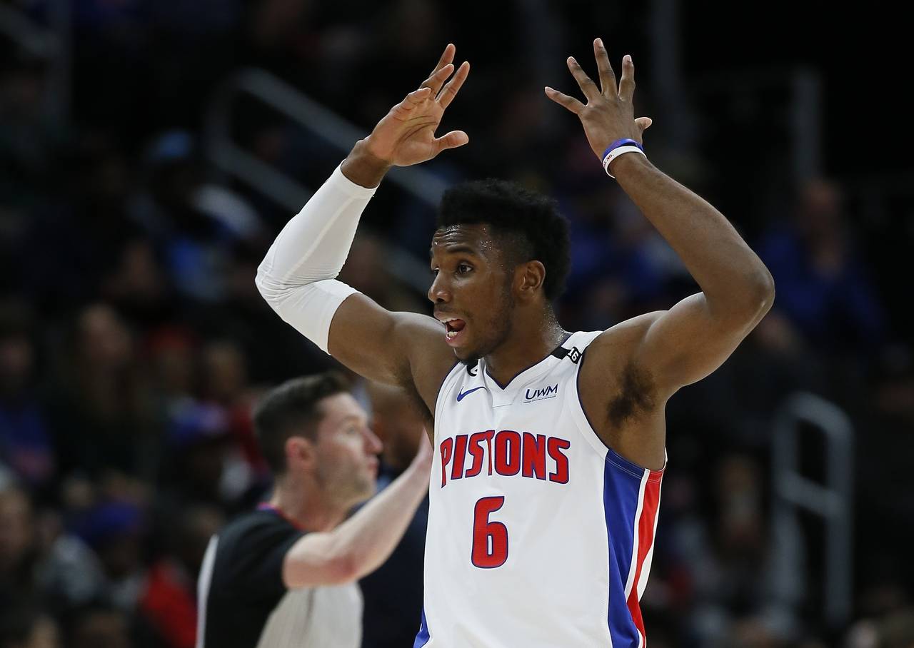 Detroit Pistons guard Hamidou Diallo (6) reacts after being whistled for a foul during the first ha...