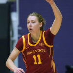 
              Iowa State guard Emily Ryan (11) celebrates after scoring a 3-pointer against Michigan State during the second half of an NCAA college basketball game in the Phil Knight Invitational tournament Thursday, Nov. 24, 2022, in Portland, Ore. (AP Photo/Rick Bowmer)
            