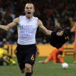 
              FILE - Spain's Andres Iniesta celebrates after scoring the only goal in the World Cup final soccer match against the Netherlands at Soccer City in Johannesburg, South Africa on July 11, 2010. (AP Photo/Martin Meissner, File)
            