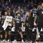 
              Memphis Grizzlies center Steven Adams, far right, and fellow teammates react in the second half of an NBA basketball game against the New Orleans Pelicans Friday, Nov. 25, 2022, in Memphis, Tenn. (AP Photo/Brandon Dill)
            