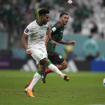 
              Saudi Arabia's Salem Al-Dawsari scores his side's first goal during the World Cup group C soccer match between Saudi Arabia and Mexico, at the Lusail Stadium in Lusail, Qatar, Wednesday, Nov. 30, 2022. (AP Photo/Ebrahim Noroozi)
            