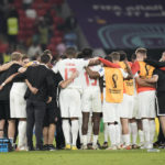 
              Canada's players and team react at the end of the World Cup group F soccer match between Belgium and Canada, at the Ahmad Bin Ali Stadium in Doha, Qatar, Wednesday, Nov. 23, 2022. Belgium won 1-0. (AP Photo/Hassan Ammar)
            