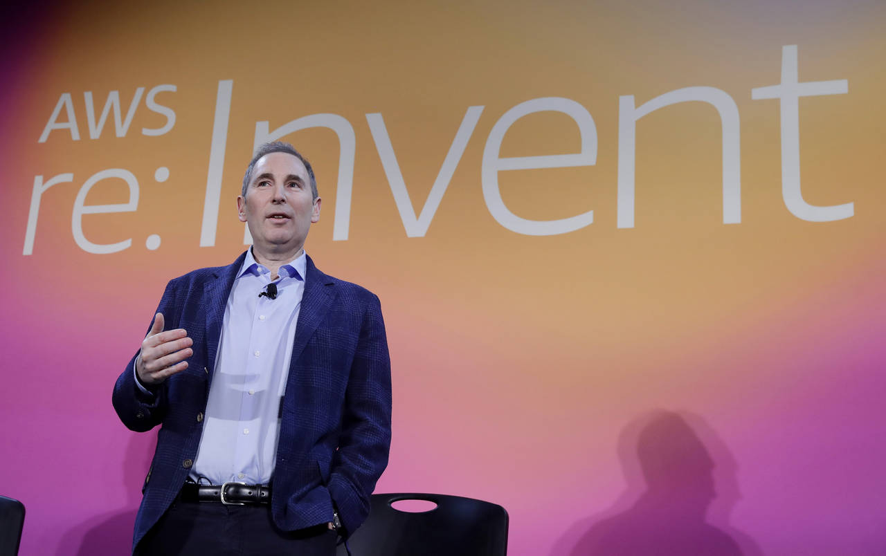 FILE - AWS CEO Andy Jassy discusses a new initiative with the NFL during AWS re:Invent 2019 in Las ...