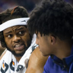
              TCU center Eddie Lampkin Jr., left, talks with guard PJ Haggerty (3) in the first half of an NCAA college basketball game against Arkansas-Pine Bluff in Fort Worth, Texas, Monday, Nov. 7, 2022. (AP Photo/Emil Lippe)
            