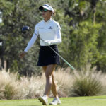 
              Lydia Ko, of New Zealand, watches her shot from the third tee during the third round of the LPGA CME Group Tour Championship golf tournament, Saturday, Nov. 19, 2022, at the Tiburón Golf Club in Naples, Fla. (AP Photo/Lynne Sladky)
            