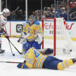 
              St. Louis Blues' Thomas Greiss (1) makes a save on a shot by Washington Capitals' Garnet Hathaway (21) during the first period of an NHL hockey game Thursday, Nov. 17, 2022, in St. Louis. (AP Photo/Michael Thomas)
            