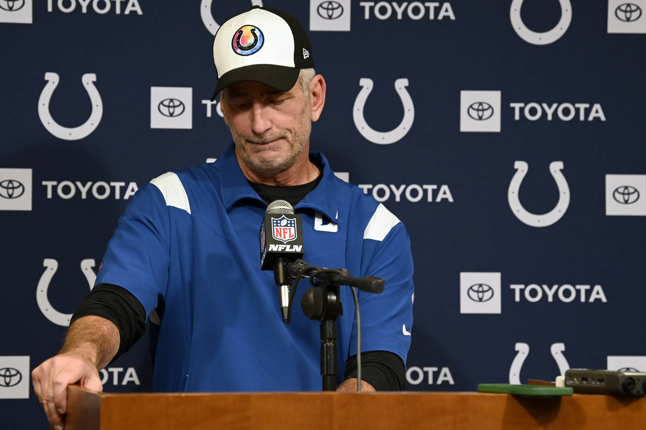 FILE - Indianapolis Colts head coach Frank Reich speaks during a news conference following an NFL f...