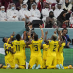 
              Ecuador celebrates their opening goal by Enner Valencia during the World Cup, group A soccer match between Qatar and Ecuador at the Al Bayt Stadium in Al Khor, Sunday, Nov. 20, 2022. (AP Photo/Natacha Pisarenko)
            