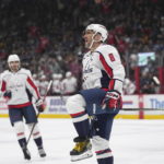 
              Washington Capitals' Alex Ovechkin celebrates his first goal against the Vancouver Canucks during the first period of an NHL hockey game Tuesday, Nov. 29, 2022, in Vancouver, British Columbia. (Darryl Dyck/The Canadian Press via AP)
            