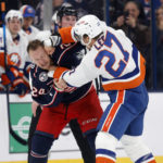 
              Columbus Blue Jackets forward Mathieu Olivier, left, and New York Islanders forward Anders Lee fight during the second period of an NHL hockey game in Columbus, Ohio, Friday, Nov. 25, 2022. (AP Photo/Paul Vernon)
            