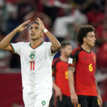 
              Morocco's Abdelhamid Sabiri celebrates after scoring the opening goal during a World Cup group F soccer match at the Al Thumama Stadium in Doha, Qatar, Sunday, Nov. 27, 2022. (AP Photo/Alessandra Tarantino)
            