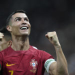 
              Portugal's Cristiano Ronaldo celebrates his side's opening goal during the World Cup group H soccer match between Portugal and Uruguay, at the Lusail Stadium in Lusail, Qatar, Monday, Nov. 28, 2022. (AP Photo/Themba Hadebe)
            