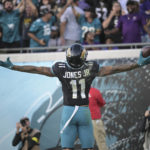 
              Jacksonville Jaguars wide receiver Marvin Jones Jr. (11) celebrates after a touchdown during the second half of an NFL football game against the Baltimore Ravens, Sunday, Nov. 27, 2022, in Jacksonville, Fla. (AP Photo/Phelan M. Ebenhack)
            