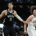 
              Milwaukee Bucks' Brook Lopez defends his brother Cleveland Cavaliers' Robin Lopez during the first half of an NBA basketball game Friday, Nov. 25, 2022, in Milwaukee. (AP Photo/Morry Gash)
            