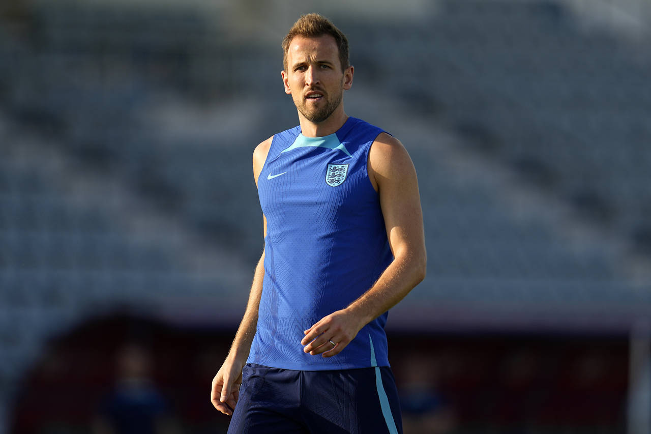 England's Harry Kane takes part in drills during a training session at Al Wakrah Sports Complex on ...