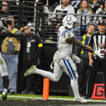 
              Indianapolis Colts wide receiver Parris Campbell (1) runs in for a touchdown against the Indianapolis Colts in the second half of an NFL football game in Las Vegas, Fla., Sunday, Nov. 13, 2022. The Colts defeated the Raider 25-20. (AP Photo/David Becker)
            