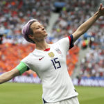 
              FILE - In this July 7, 2019 file photo, United States' Megan Rapinoe celebrates after scoring the opening goal from the penalty spot during the Women's World Cup final soccer match against The Netherlands at the Stade de Lyon in Decines, outside Lyon, France. (AP Photo/Francisco Seco, File)
            