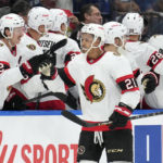 
              Ottawa Senators right wing Mathieu Joseph (21) celebrates with the bench after his goal against the Tampa Bay Lightning during the second period of an NHL hockey game Tuesday, Nov. 1, 2022, in Tampa, Fla. (AP Photo/Chris O'Meara)
            
