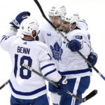 
              Toronto Maple Leafs' John Tavares, right, celebrates his goal against the Pittsburgh Penguins during the first period of an NHL hockey game in Pittsburgh, Tuesday, Nov. 15, 2022. (AP Photo/Gene J. Puskar)
            