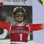 
              Switzerland's Wendy Holdener reacts after completing an alpine ski, women's World Cup slalom, in Levi, Finland, Sunday, Nov. 20, 2022. (AP Photo/Alessandro Trovati)
            