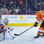 
              Philadelphia Flyers' Kevin Hayes, right, cannot get a shot past New York Islanders' Ilya Sorokin during the second period of an NHL hockey game, Tuesday, Nov. 29, 2022, in Philadelphia. (AP Photo/Matt Slocum)
            