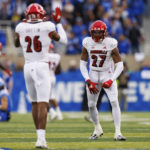 
              Louisville defensive back Kenderick Duncan (27) and safety M.J. Griffin (26) celebrate getting a stop against Kentucky during the first half of an NCAA college football game in Lexington, Ky., Saturday, Nov. 26, 2022. (AP Photo/Michael Clubb)
            