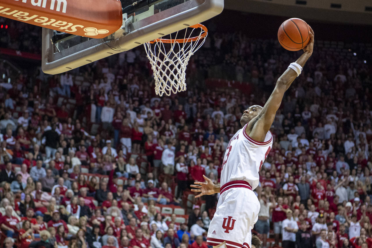 Indiana guard Tamar Bates (53) goes up for a dunk during the second half of an NCAA college basketb...