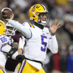 
              LSU quarterback Jayden Daniels throws a pass against Texas A&M during the second quarter of an NCAA college football game Saturday, Nov. 26, 2022, in College Station, Texas. (AP Photo/Sam Craft)
            