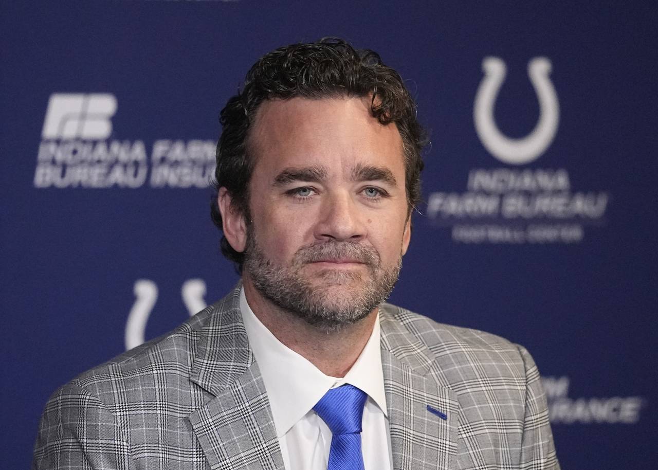 Indianapolis Colts interim coach Jeff Saturday listens during a news conference at the NFL football...