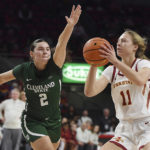 
              Iowa State guard Emily Ryan (11) looks for a shot as Cleveland State guard Destiny Leo (2) defends during the first half of an NCAA women's college basketball game at Jack Trice Stadium in Ames, Iowa, Monday, Nov. 7, 2022. (Nirmalendu Majumdar/Ames Tribune via AP)
            