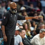 
              Brooklyn Nets interim head coach Jacque Vaughn gives direction to his team during the first half of an NBA basketball game against the Charlotte Hornets, Saturday, Nov. 5, 2022, in Charlotte, N.C. (AP Photo/Rusty Jones)
            