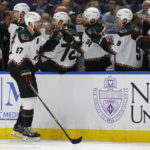 
              Arizona Coyotes left wing Lawson Crouse (67) celebrates after his goal during the first period of an NHL hockey game against the Buffalo Sabres, Tuesday, Nov. 8, 2022, in Buffalo, N.Y. (AP Photo/Jeffrey T. Barnes)
            